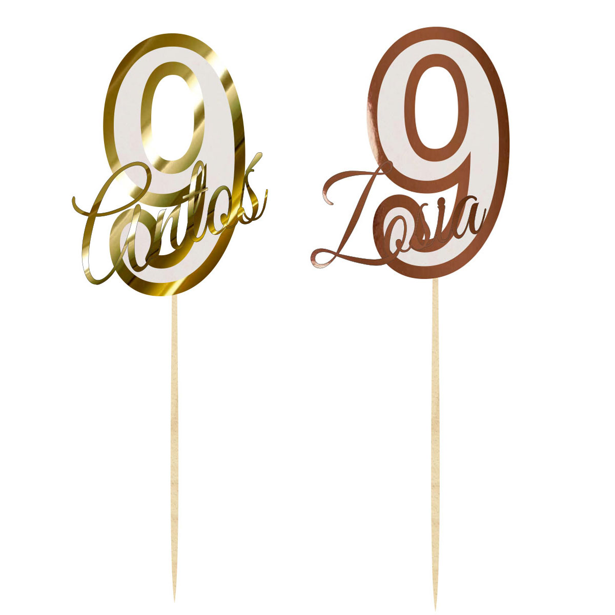 Topper urodzinowy cyferka liczba 9 z imieniem dekoracja na tort pik lustrzane złoto lub różowe złoto