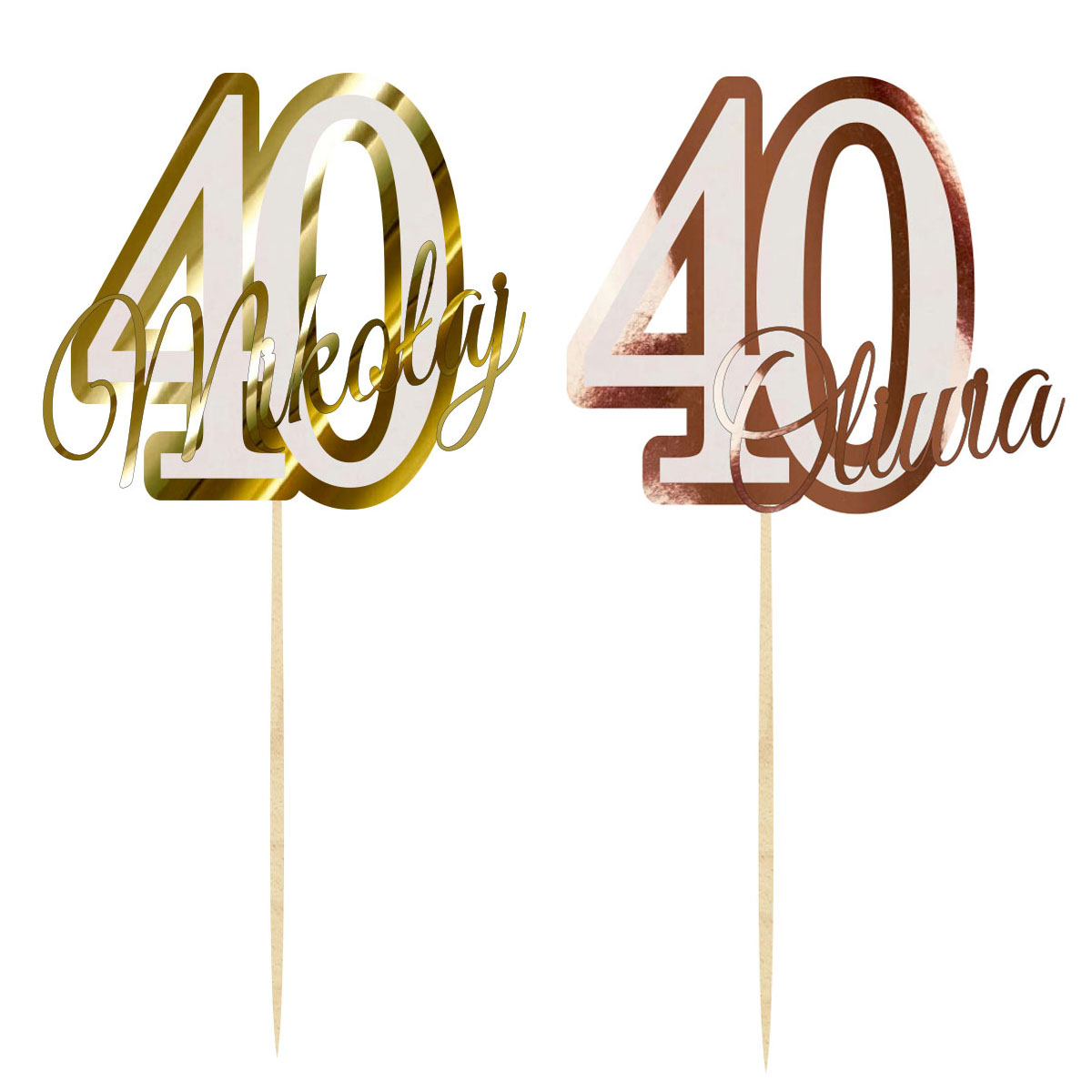 Topper urodzinowy cyferka liczba 40 z imieniem dekoracja na tort pik lustrzane złoto lub różowe złoto