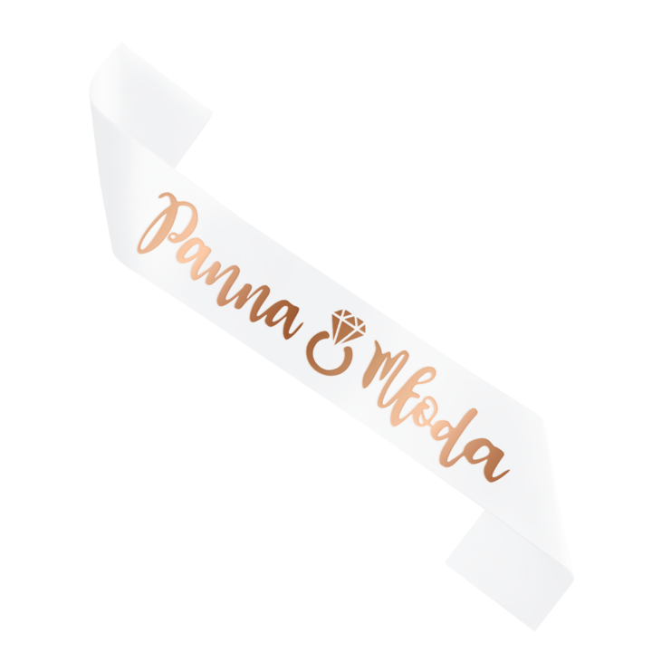 Szarfa Panna Młoda biała 160 cm napis różowe złoto