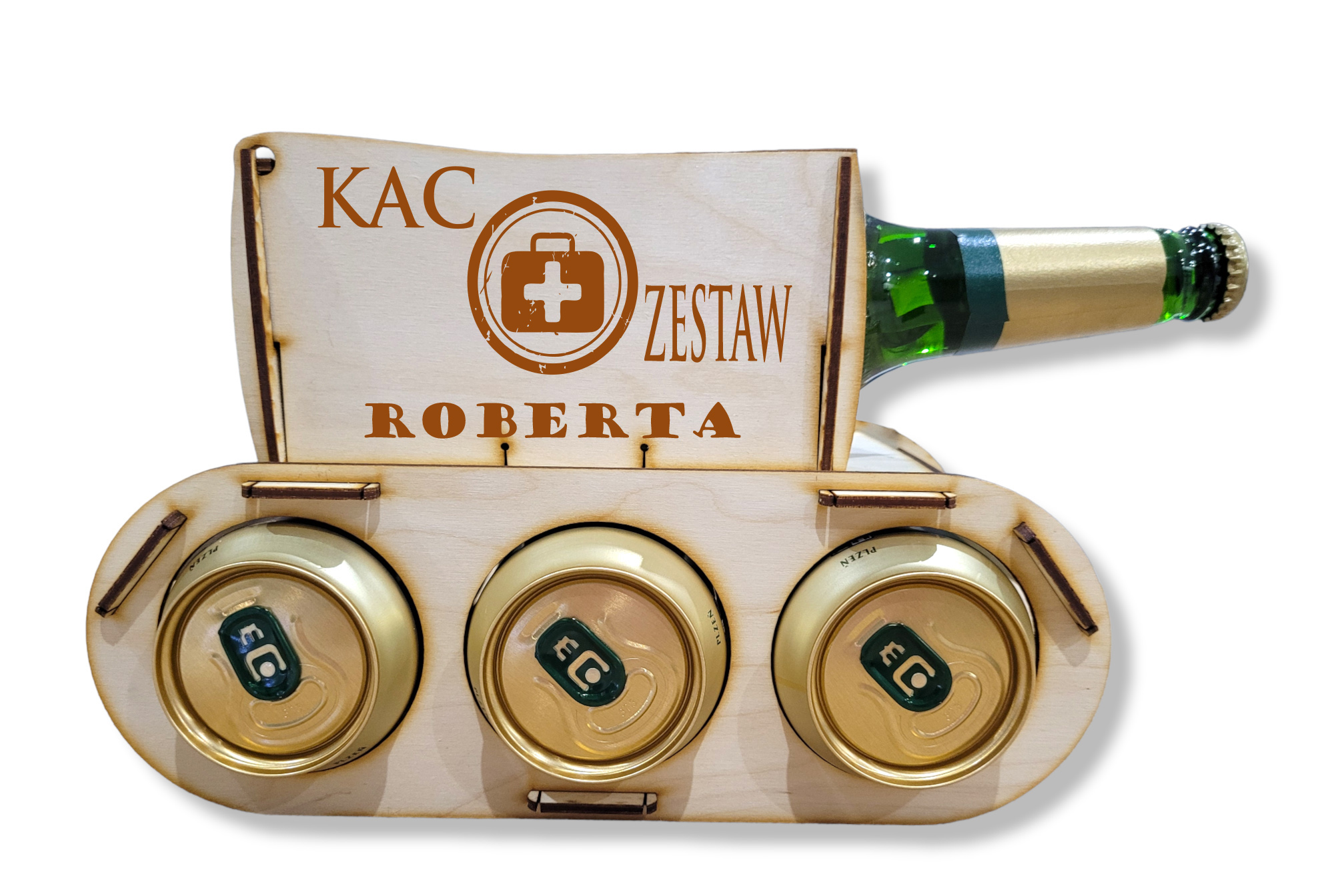Drewniany czołg na piwo, alkohol, prezent 18, 30, 40, 50 urodziny dla dziadka, chłopaka, taty, kawalerski - GRAWER, IMIĘ, NAPIS