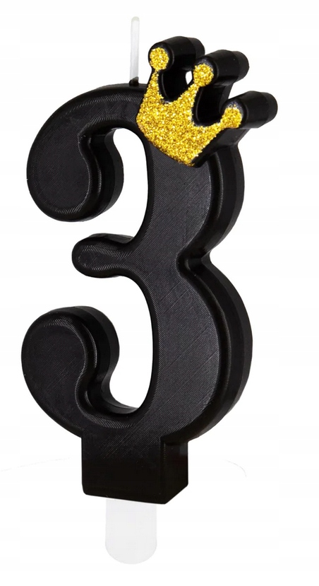 Świeczka czarna ze złotą koroną cyfra 3