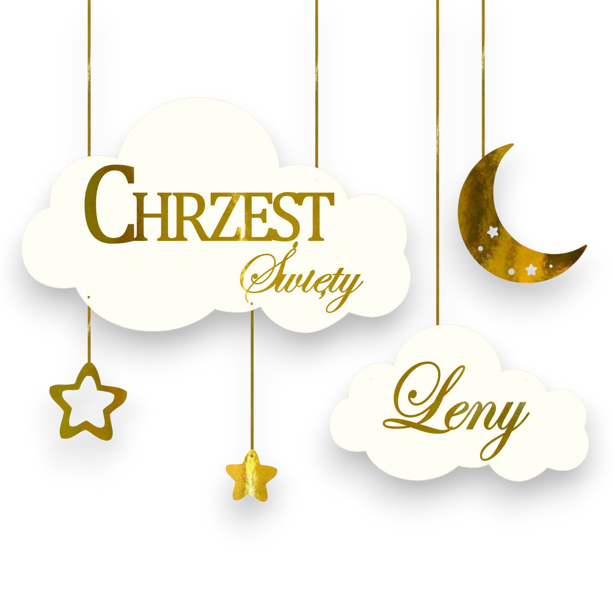 Baner na Chrzest Święty z imieniem napis chmurka dekoracja ścianka Tablica złote lustro zestaw