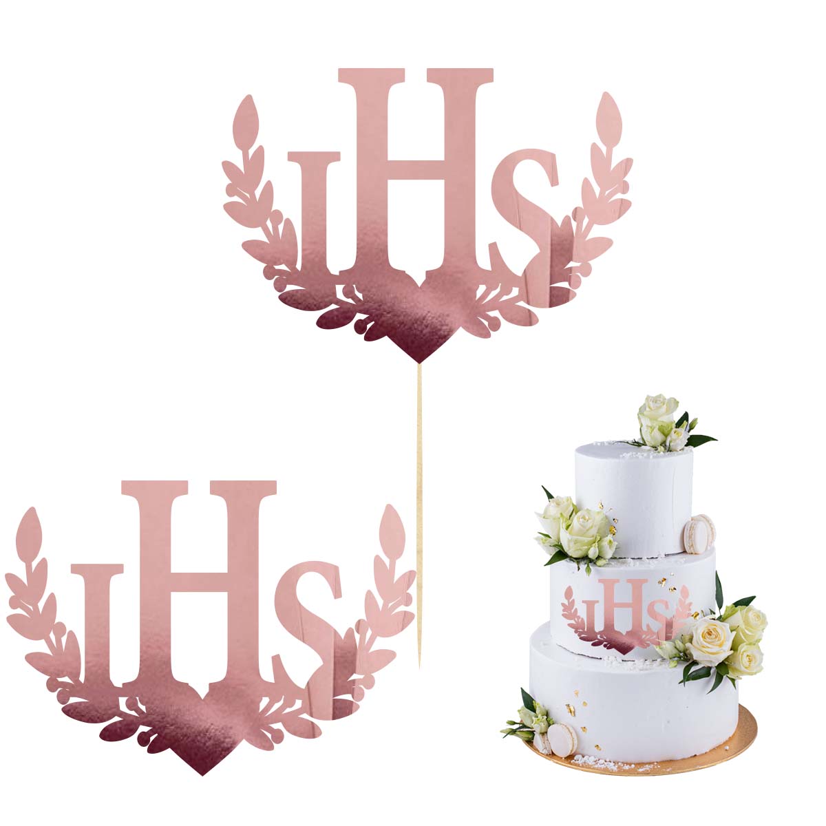 Topper na bok tortu Napis IHS gałązki różowe złoto, dekoracja na Komunię Świętą pik scrapki