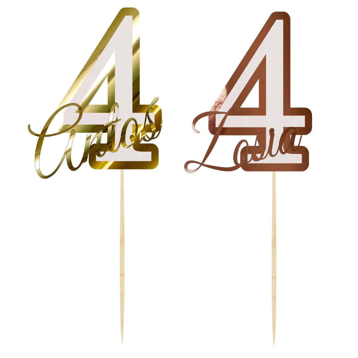 Topper urodzinowy cyferka liczba 4 z imieniem dekoracja na tort pik lustrzane złoto lub różowe złoto