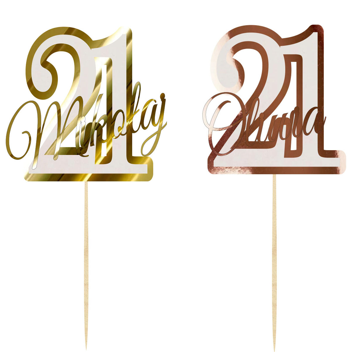 Topper urodzinowy cyferka liczba 21 z imieniem dekoracja na tort pik lustrzane złoto lub różowe złoto