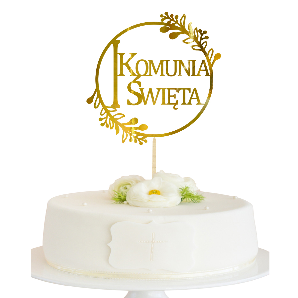 Topper na Komunię Świętą na bok tortu piker napis Komunia złoty lustrzane złoto boho