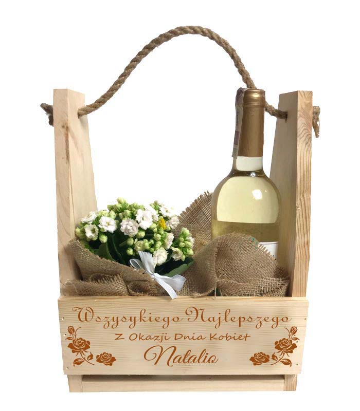 Prezent na Dzień Kobiet nosidło doniczka na kwiaty piwo słodycze narzędzia skrzynka napis Imię GRAWER