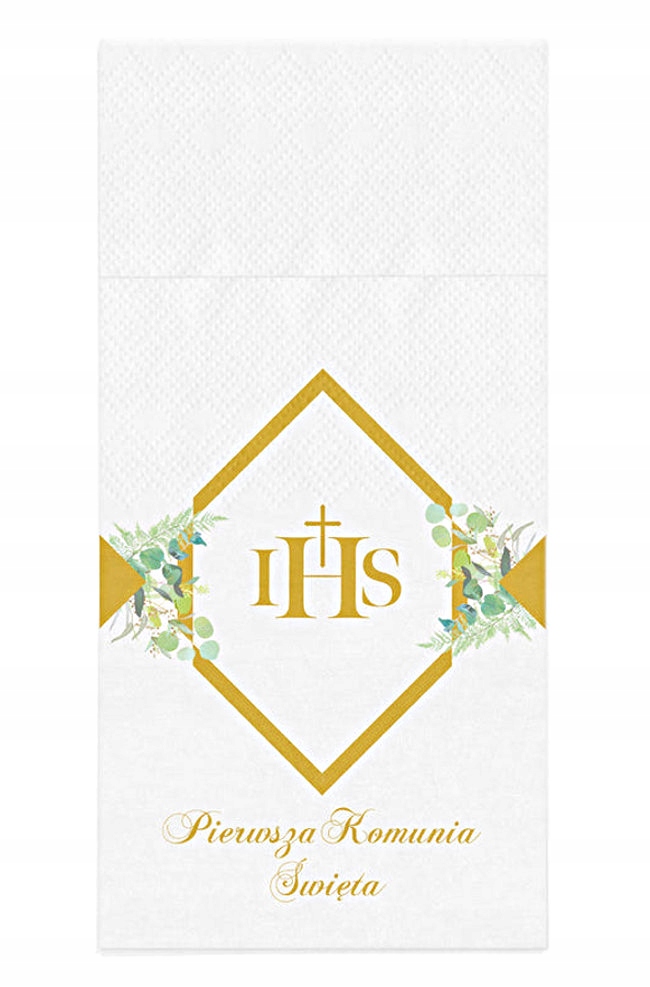 Serwetki białe etui, kieszonki na sztućce Komunia Święta złoty hostia IHS z eukaliptusem 16 szt.