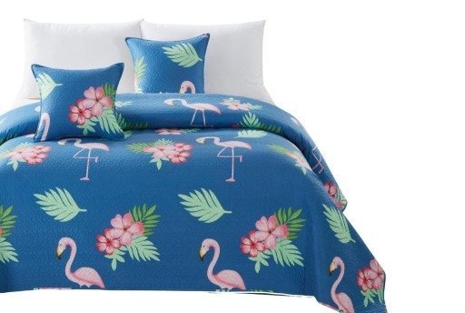 Narzuta pikowana na łóżko 220x200 FLAMINGO wz. Flamingi granatowe