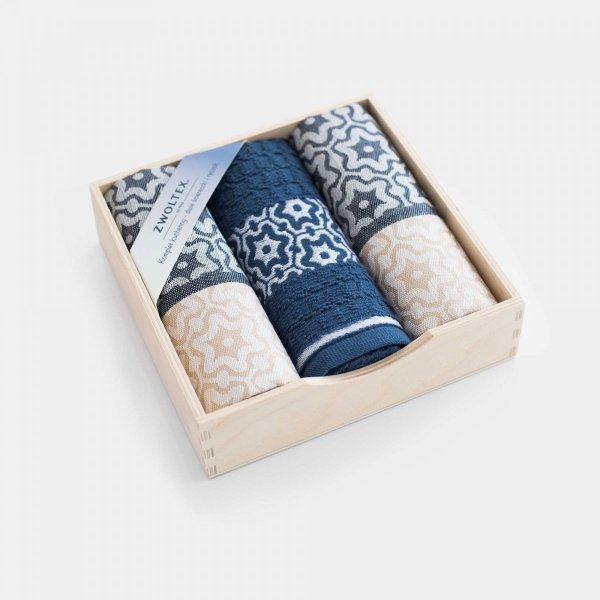 Komplet kuchenny dwóch ścierek 50x70 + ręcznik kuchenny 30x50 wz. beż-indygo