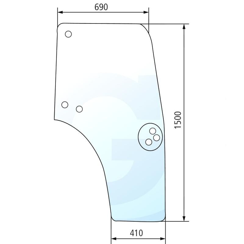 Szyba drzwi prawa, rozstaw otworów na uchwyt 115 mm, zawias na dole CASE JX Quantum New Holland T4000 TN 44910452