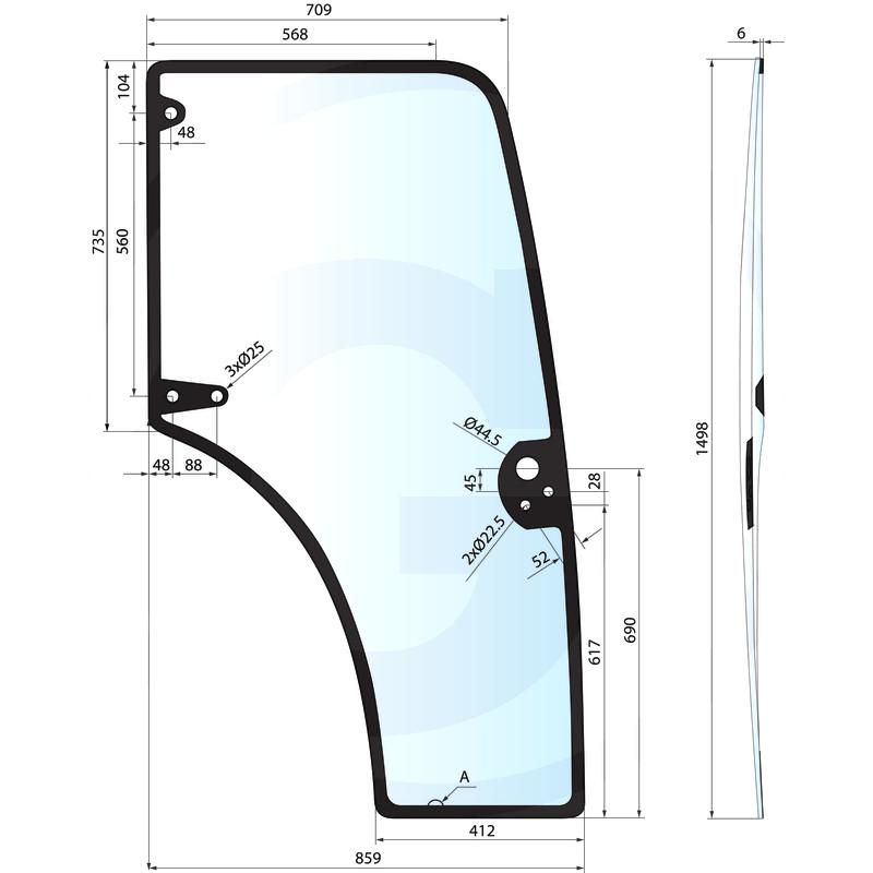 Szyba drzwi lewa, rozstaw otworów na uchwyt 85 mm, zawias na dole CASE JX Quantum New Holland T4 T4000 87301768