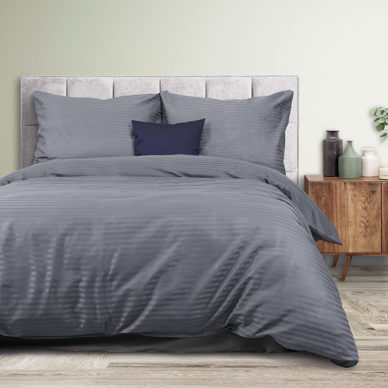 Pościel bawełniana 160x200 satyna pasy anthracite