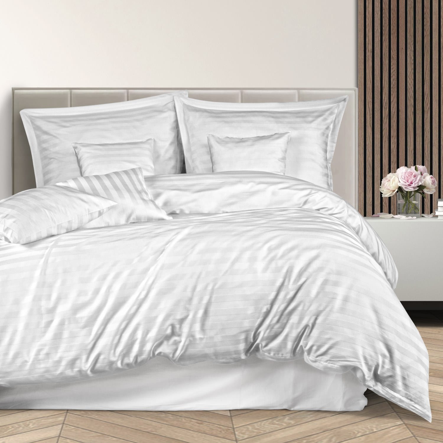 Pościel bawełniana 140x200 bambus pasy kolor biały 4 elementy