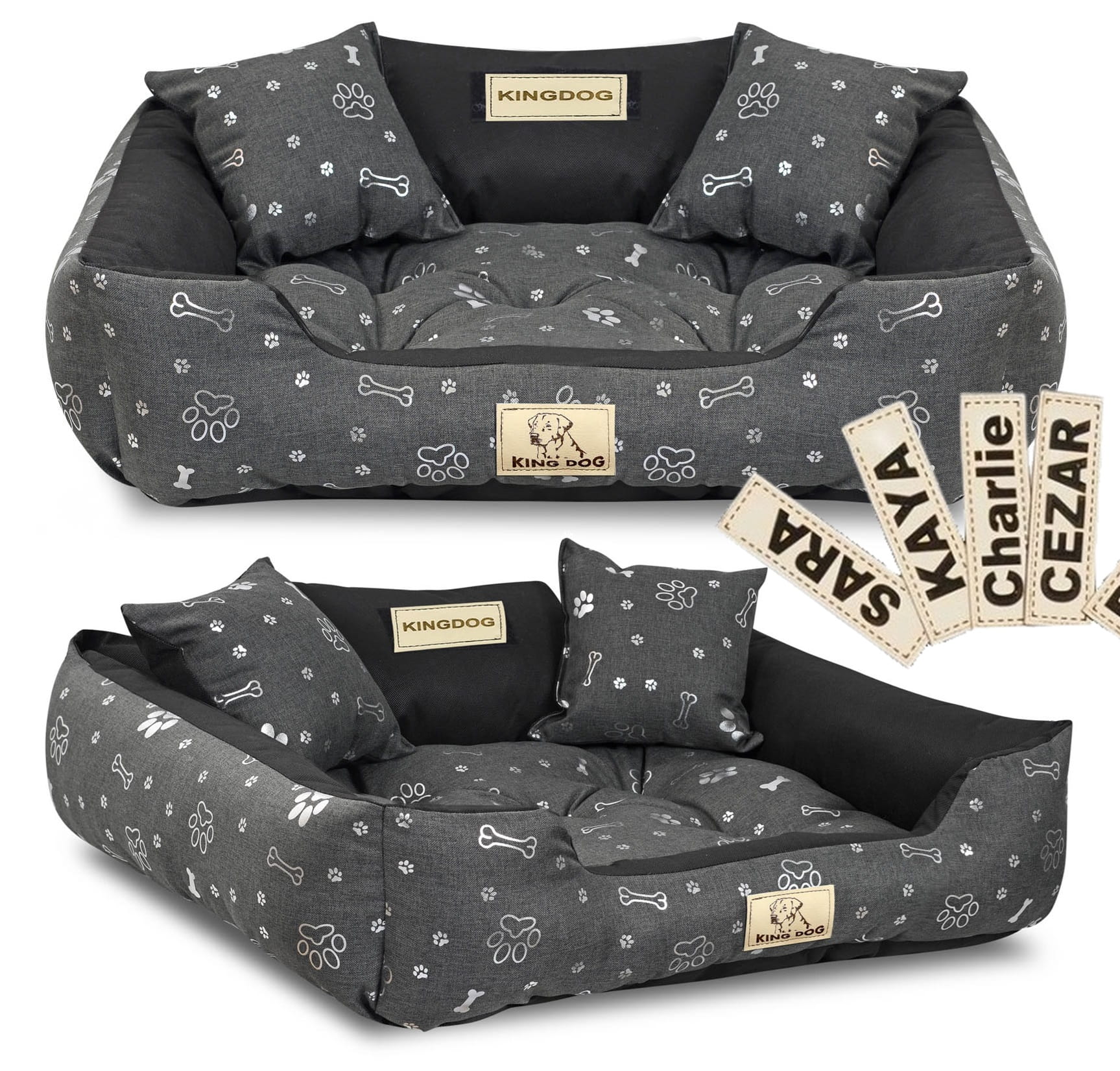 Legowisko dla psa kojec KINGDOG 75x65 cm personalizowane wodoodporne kości srebrne