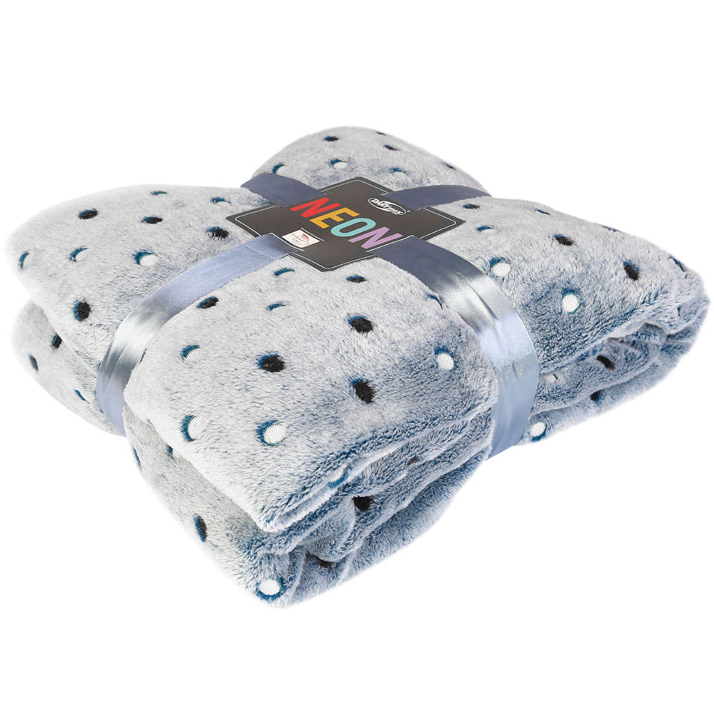 Koc 150x200 z miękkiej mikrofibry NEON niebieski kocyk w czarne kropki