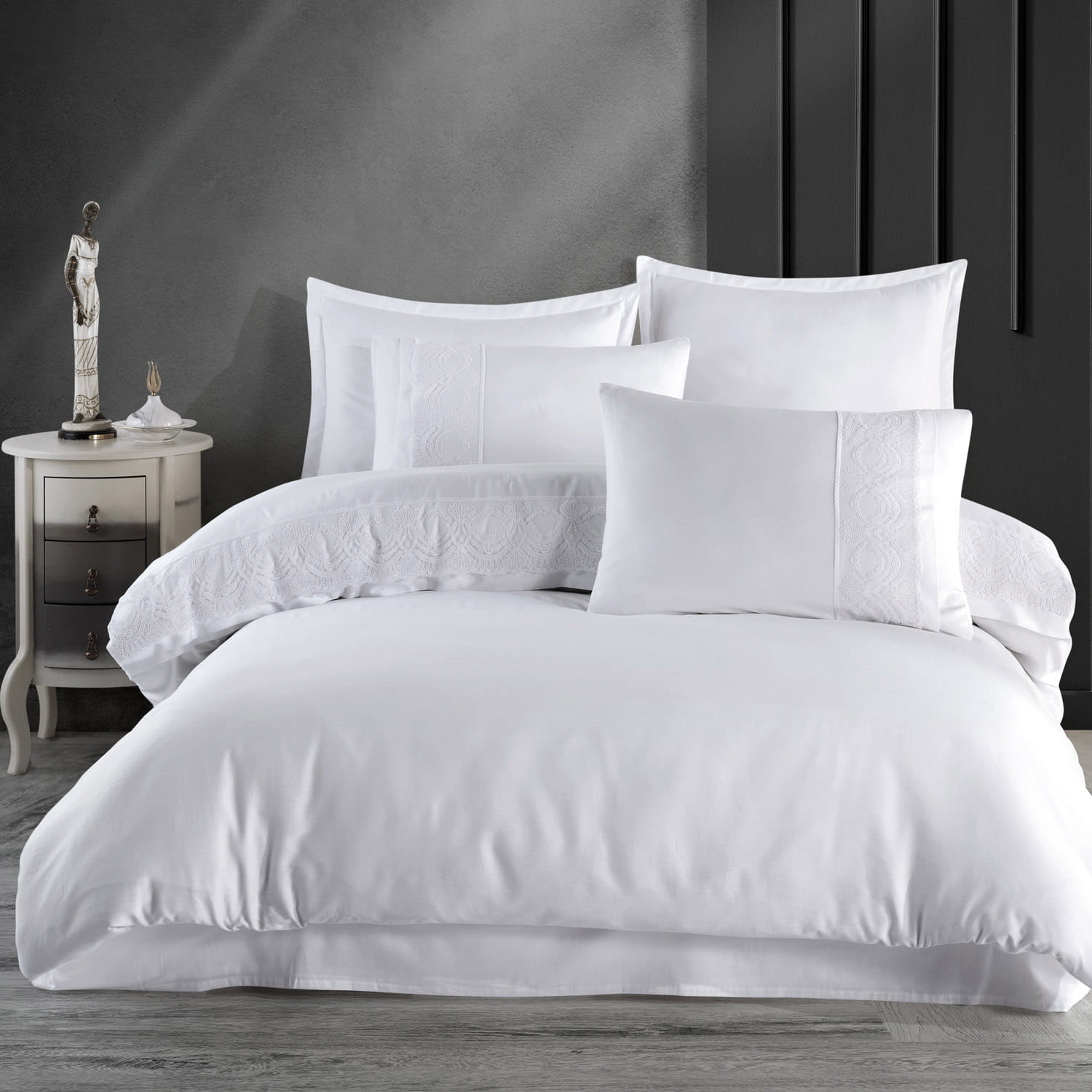 Pościel bawełniana 160x200 satyna z gipiurą biały