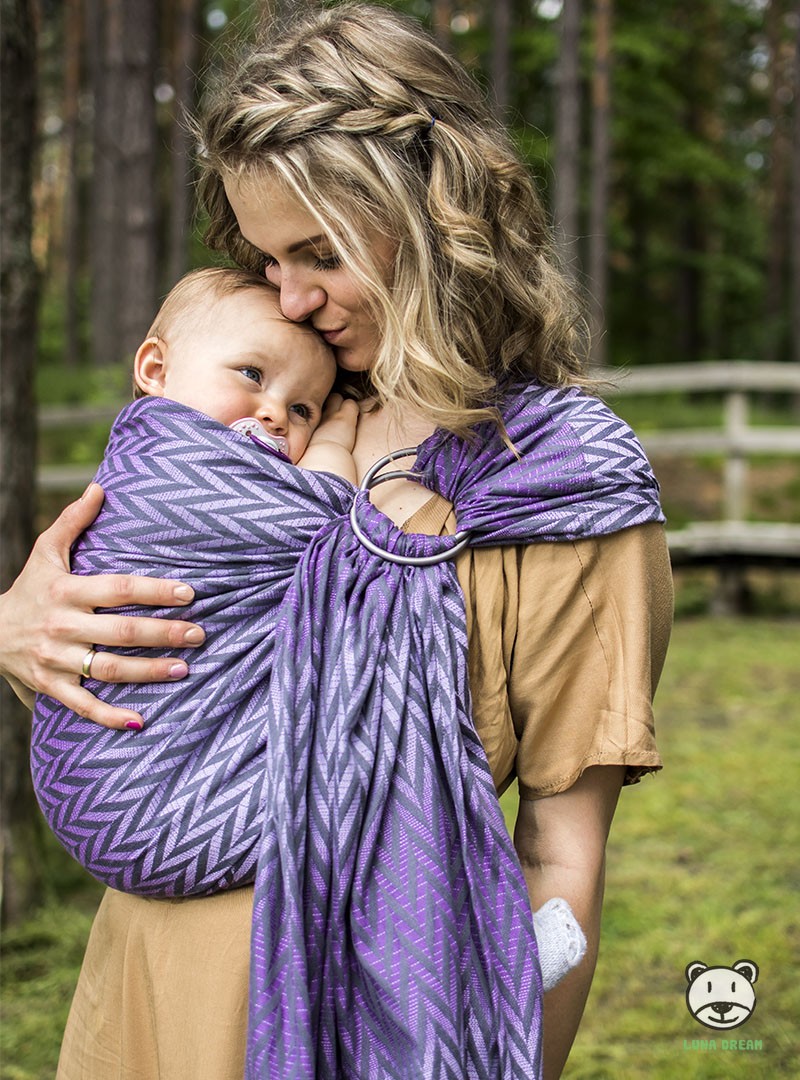 Chusta do noszenia dzieci HERRINGBONE PURPLE RING - 100% Bawełna, chusta kółkowa, rozmiar: 2,1 m, splot żakardowy