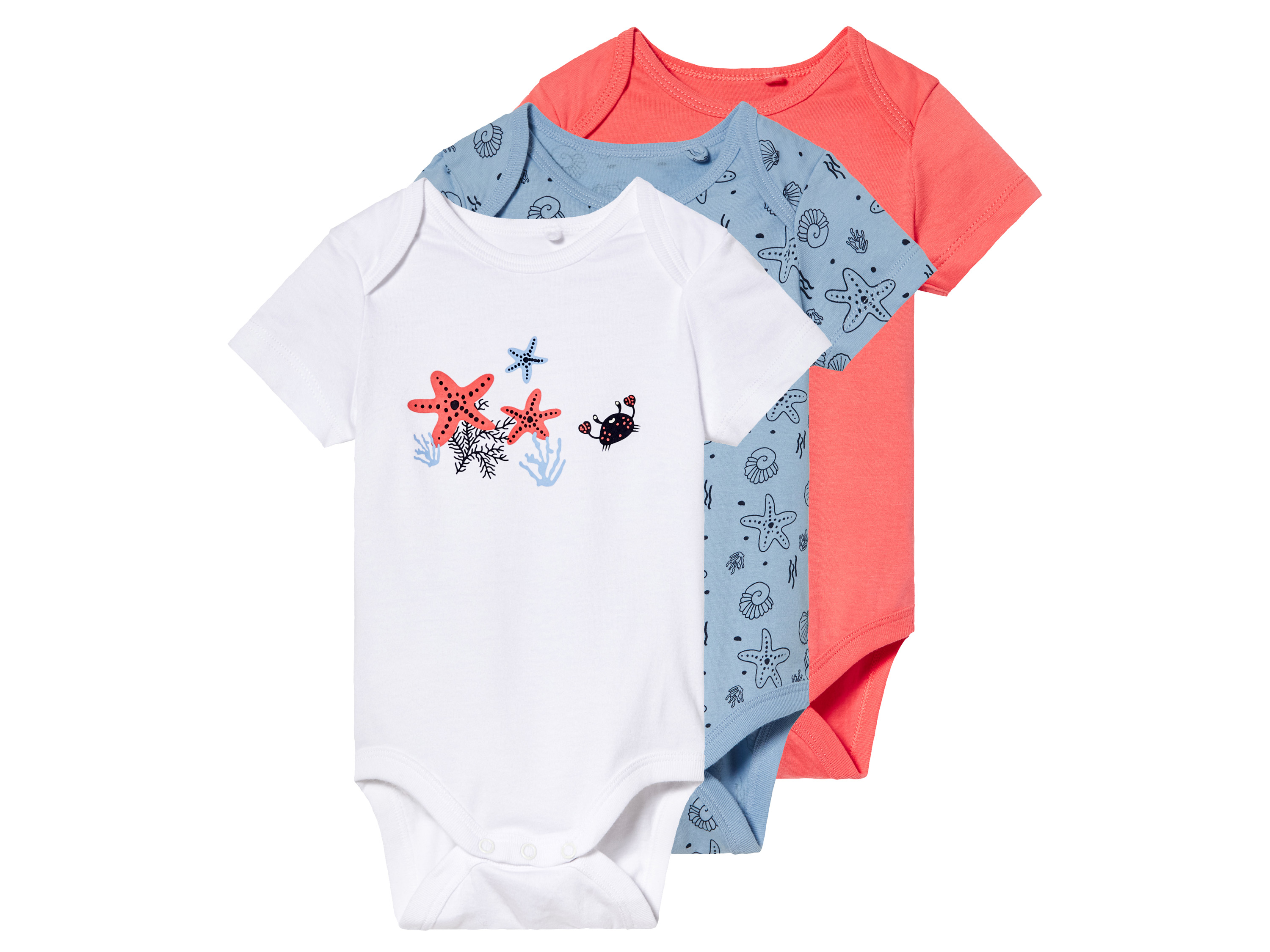 lupilu Body niemowlęce z bawełny, 3 sztuki 62/68, Koralowy/jasnoniebieski/biały