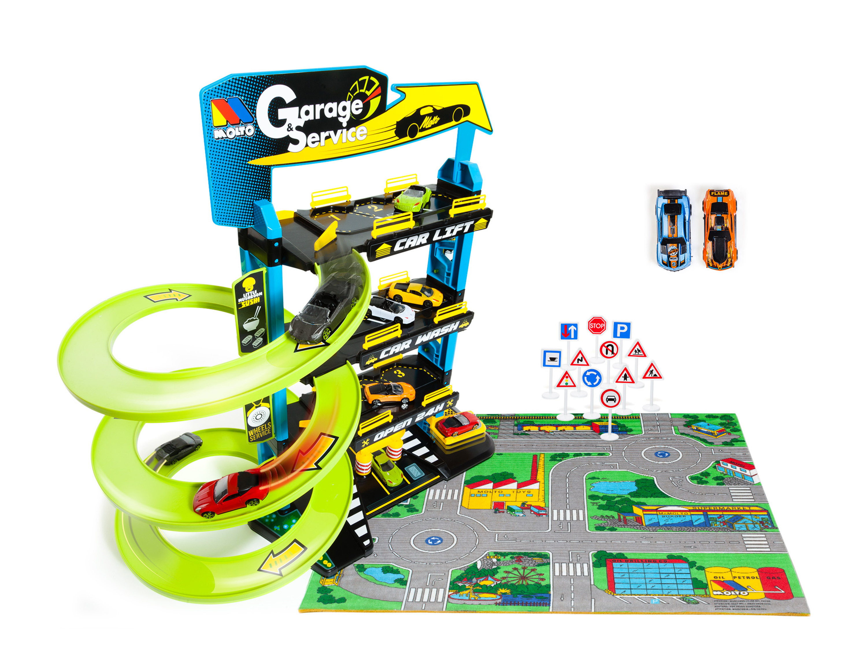 Molto Parking 4-poziomowy z matą do zabawy, 2 samochodami i akcesoriami