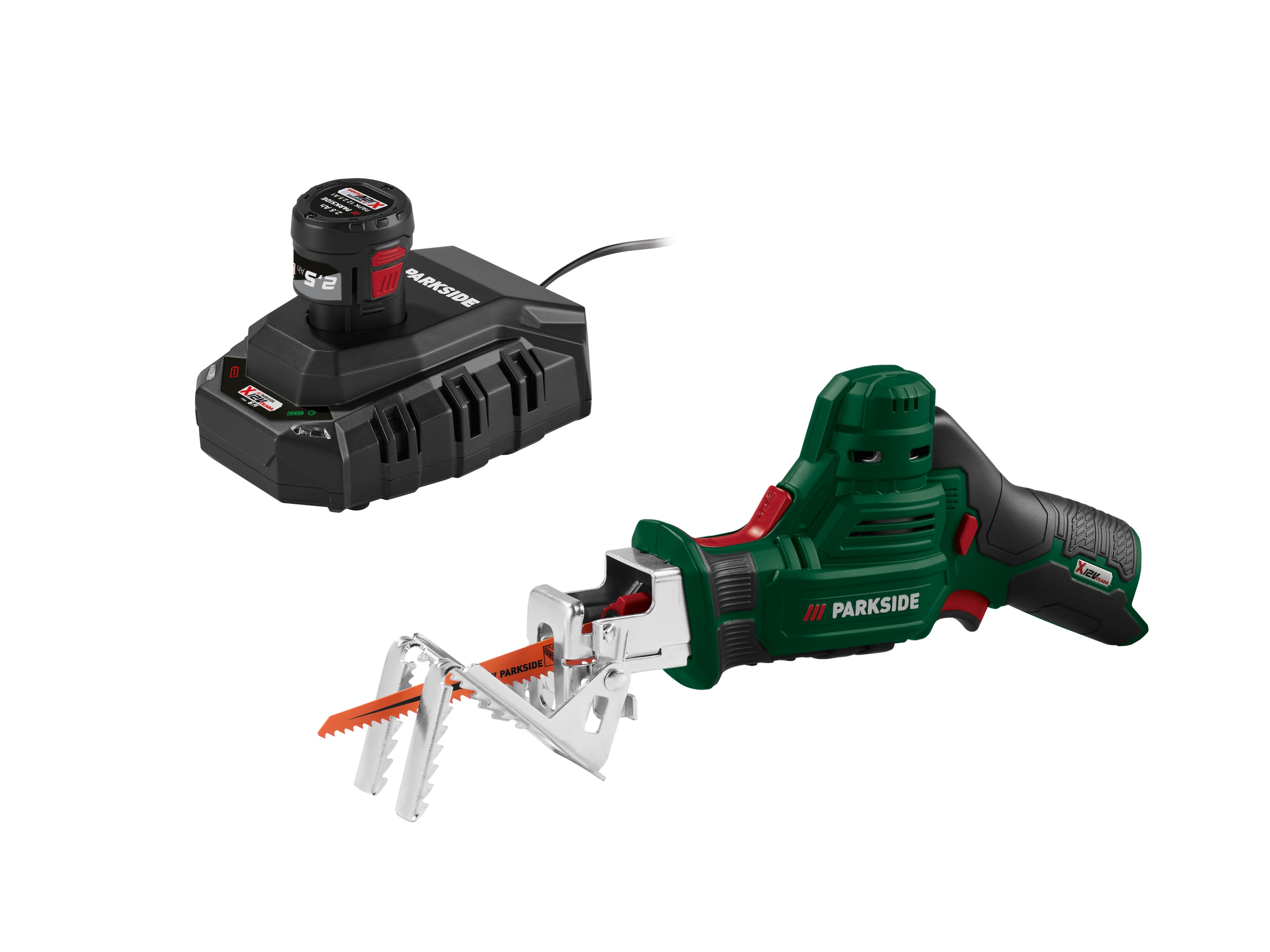 Zestaw Akumulatorowa piła do gałęzi, 12 V z akumulatorem, 2,5 Ah i ładowarką, 6 A