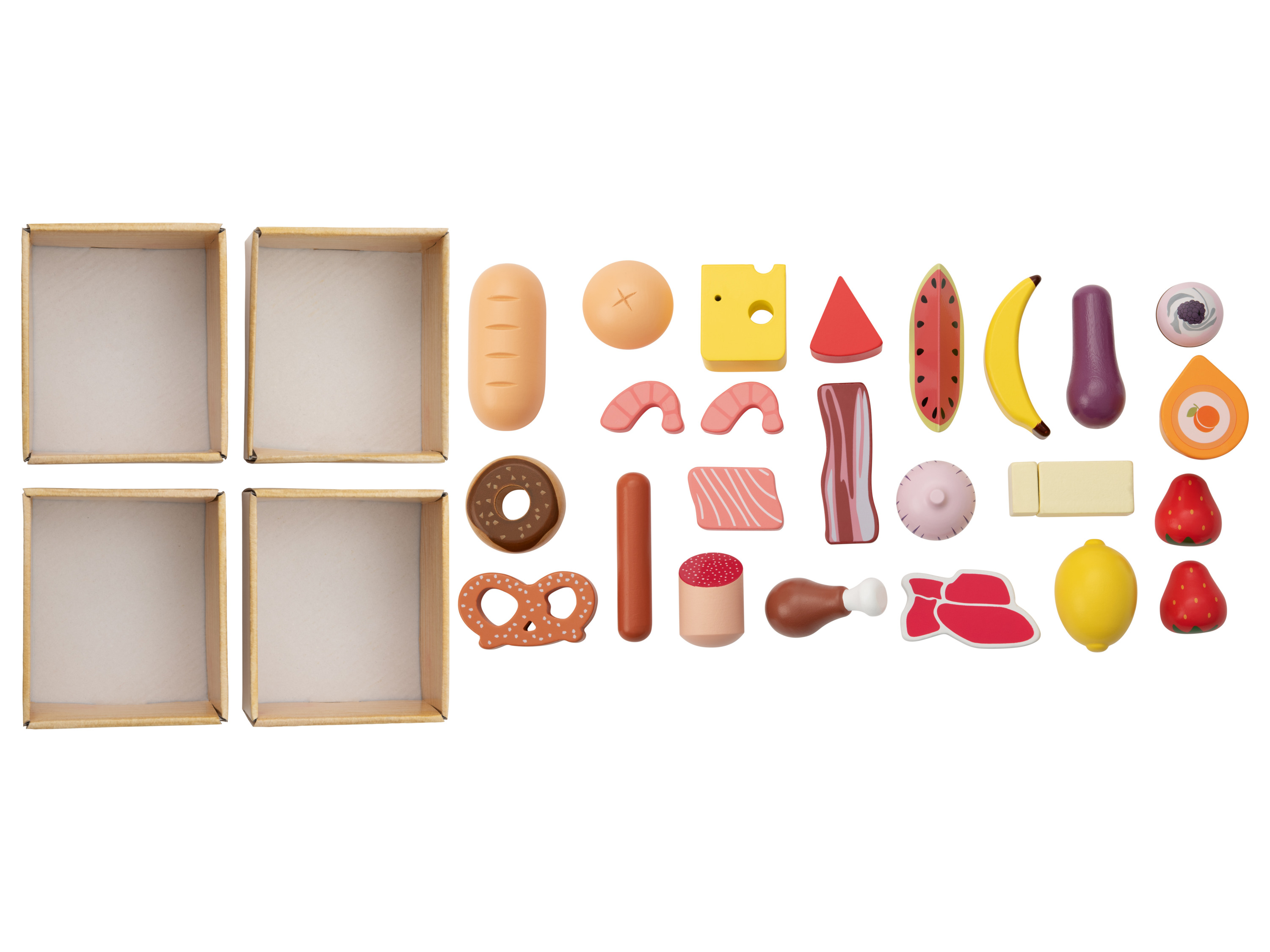 lupilu Zestaw drewnianych akcesoriów do sklepu do zabawy Skrzynki z artykułami spożywczymi