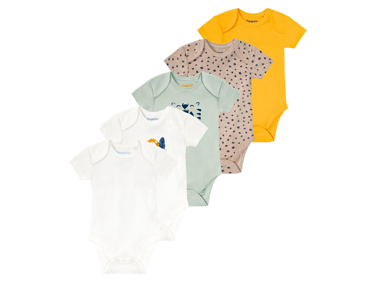 lupilu Body niemowlęce z biobawełny, 5 sztuk 62/68, Miętowy/ biały/ żółty/ beżowy