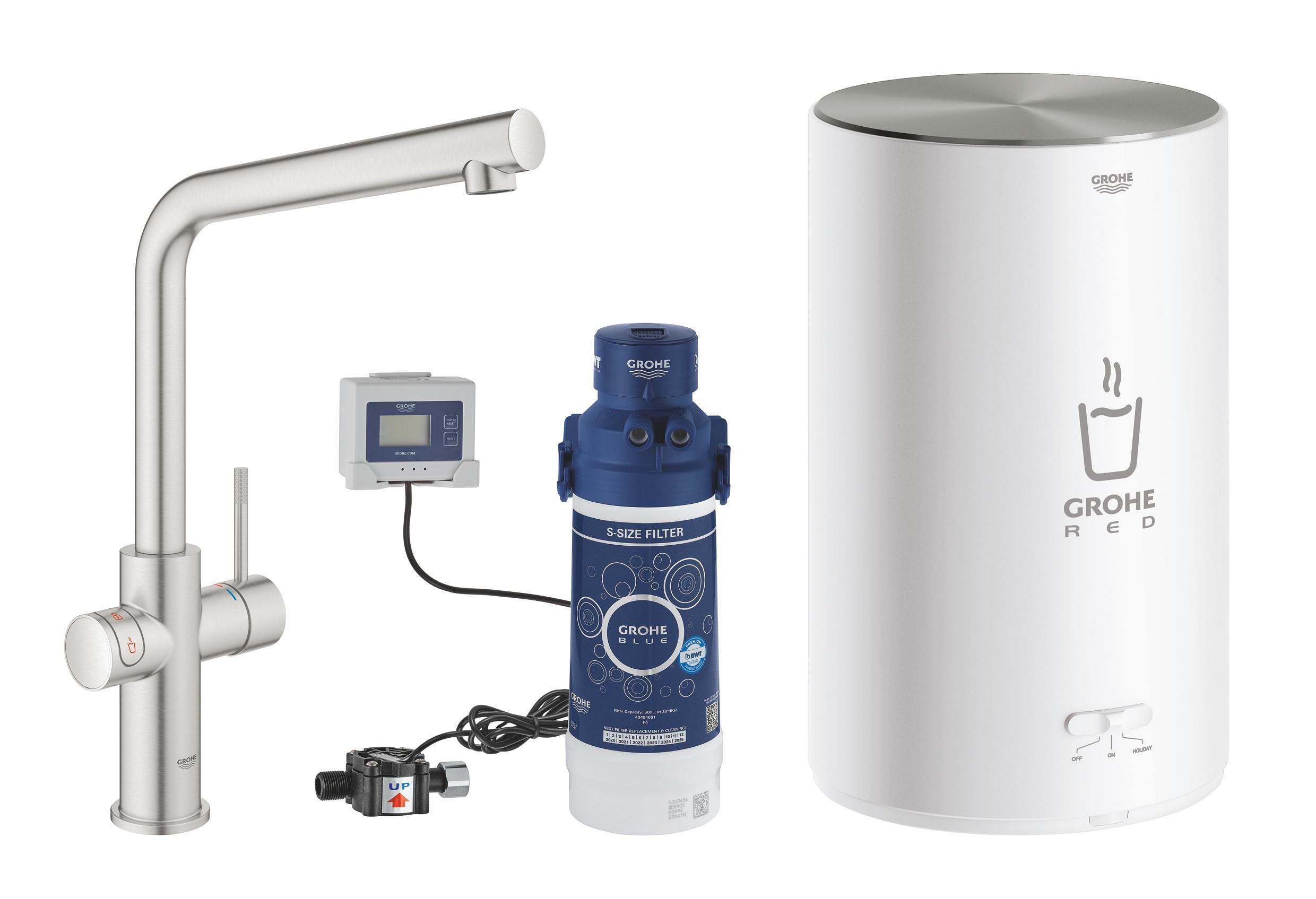 Darmowa Dostawa - Bateria kuchenna z bojlerem stojąca stal Grohe Red 30327DC1