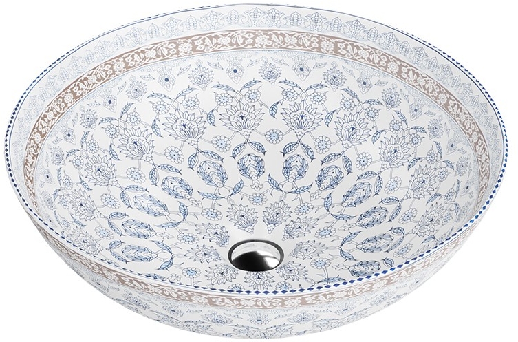 Darmowa Dostawa - Umywalka 40x40 cm okrągła nablatowa biała-niebieska LaVita Folklor 5900378334194