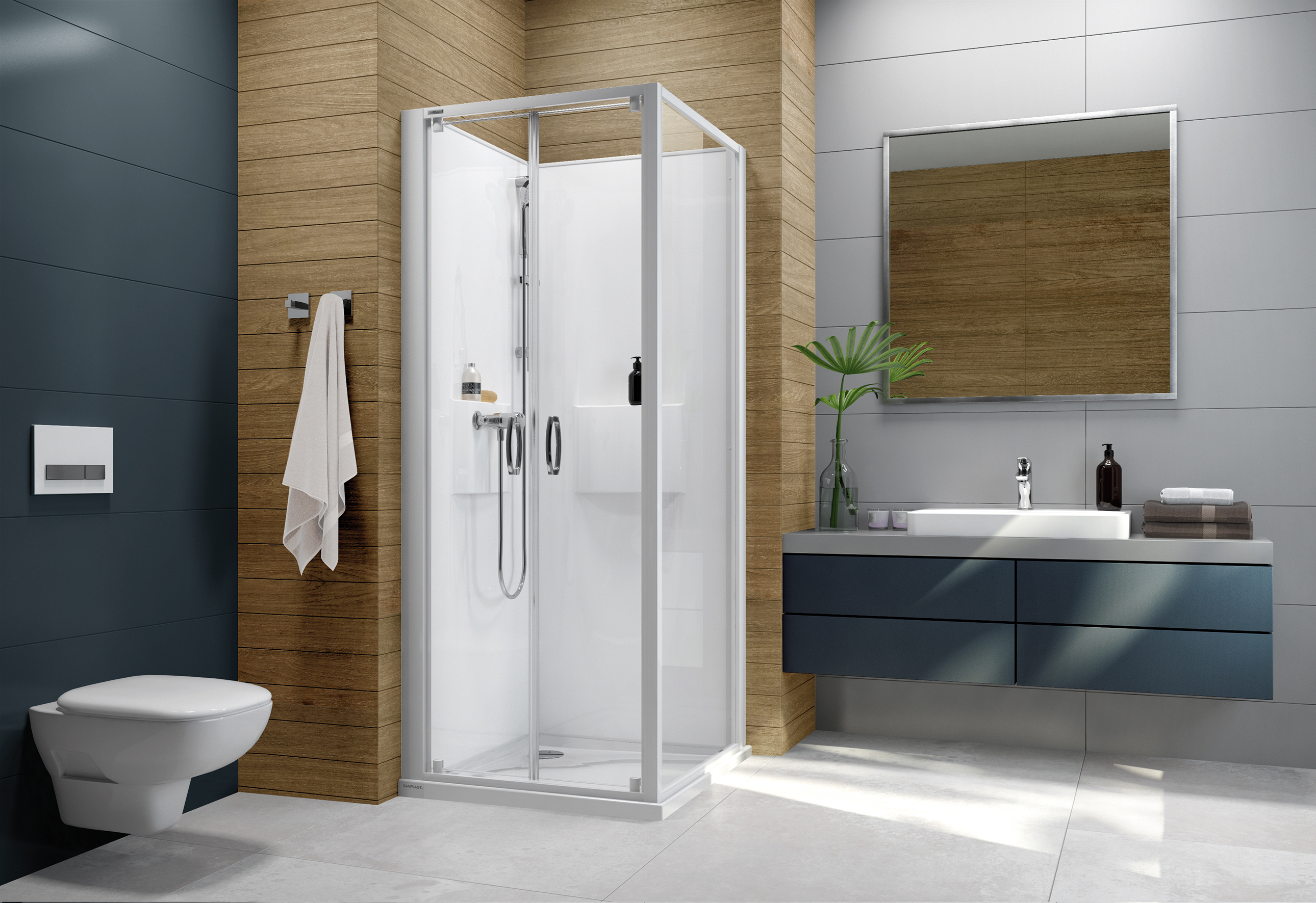 Darmowa Dostawa - Kabina z brodzikiem i zestawem prysznicowym 80x80 cm kwadratowa biały połysk/szkło przezroczyste Sanplast Basic Complete Mineral 