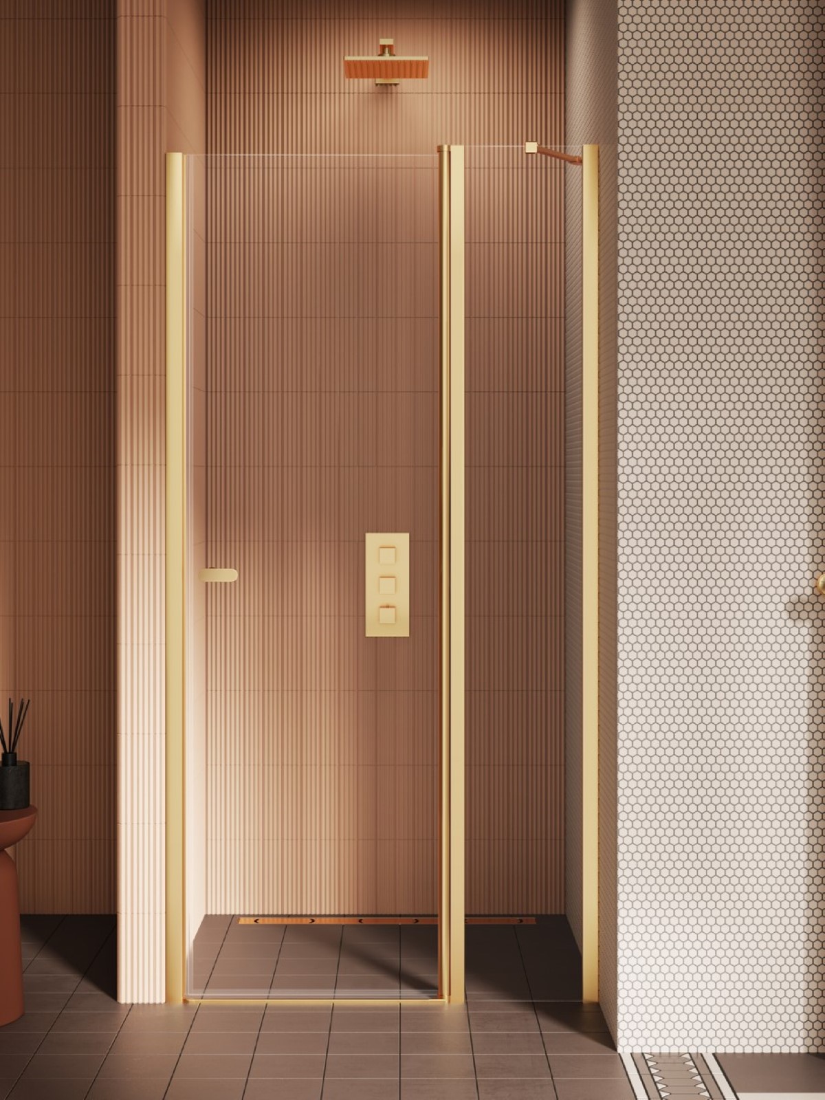 Darmowa Dostawa - Drzwi prysznicowe 90 cm uchylne złoty szczotkowany/szkło przezroczyste New Trendy New Soleo D0771A