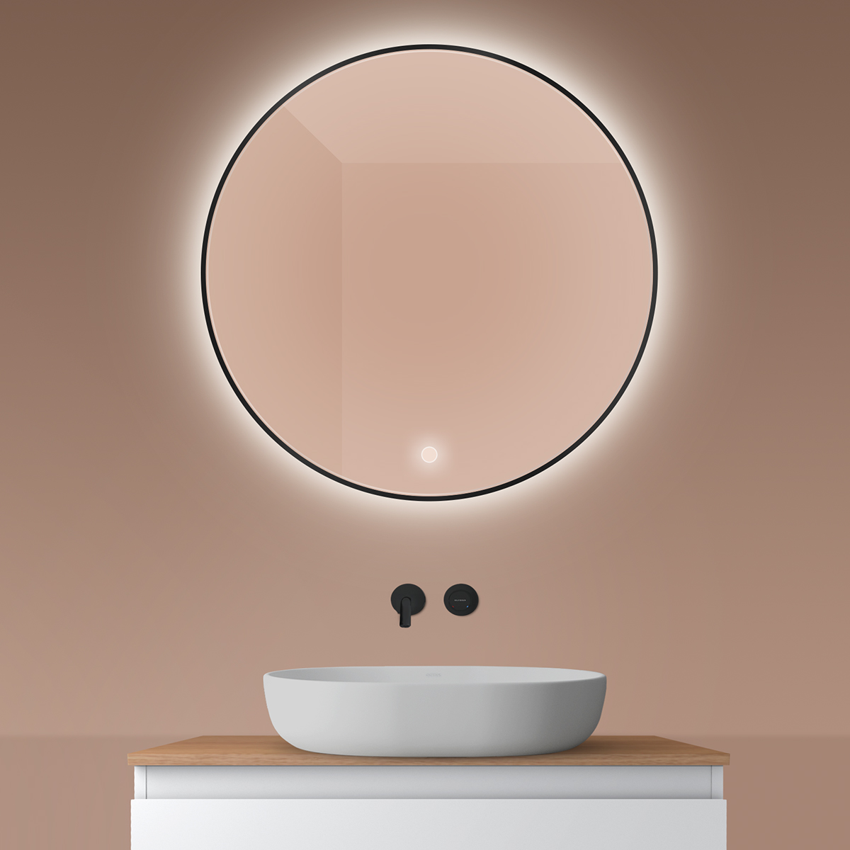 Darmowa Dostawa - Lustro 80x80 cm okrągłe z oświetleniem z matą grzewczą czarny Oltens Nordlis 64109300