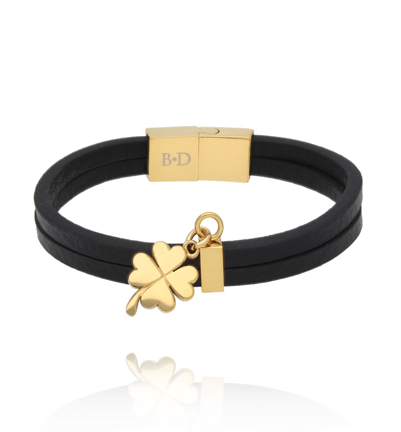 Bransoletka czarna skórzana z koniczynką BSC2282