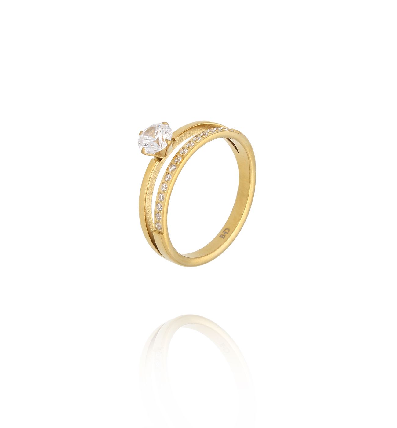 Pierścionek złoty z dużą cyrkonią i obrączką wysadzaną kamieniami PSY0198 - By Dziubeka