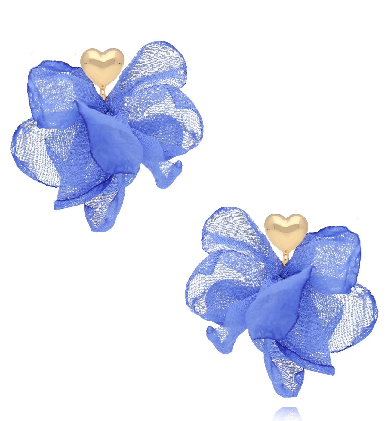 Kolczyki z niebieskimi kwiatami i złotym sercem - By Dziubeka
