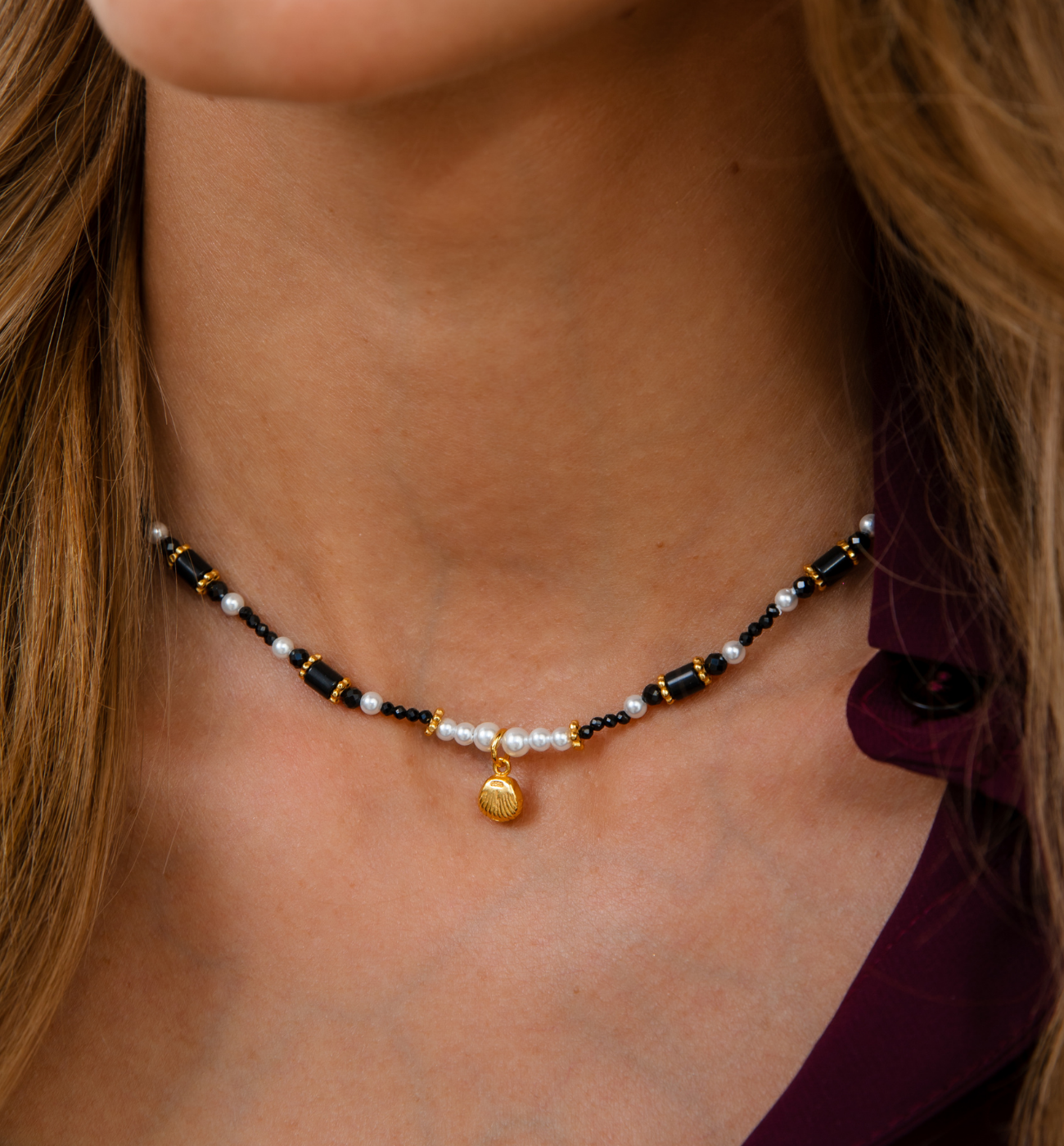 Naszyjnik z czarnymi agatami złoty NLT0007 - By Dziubeka