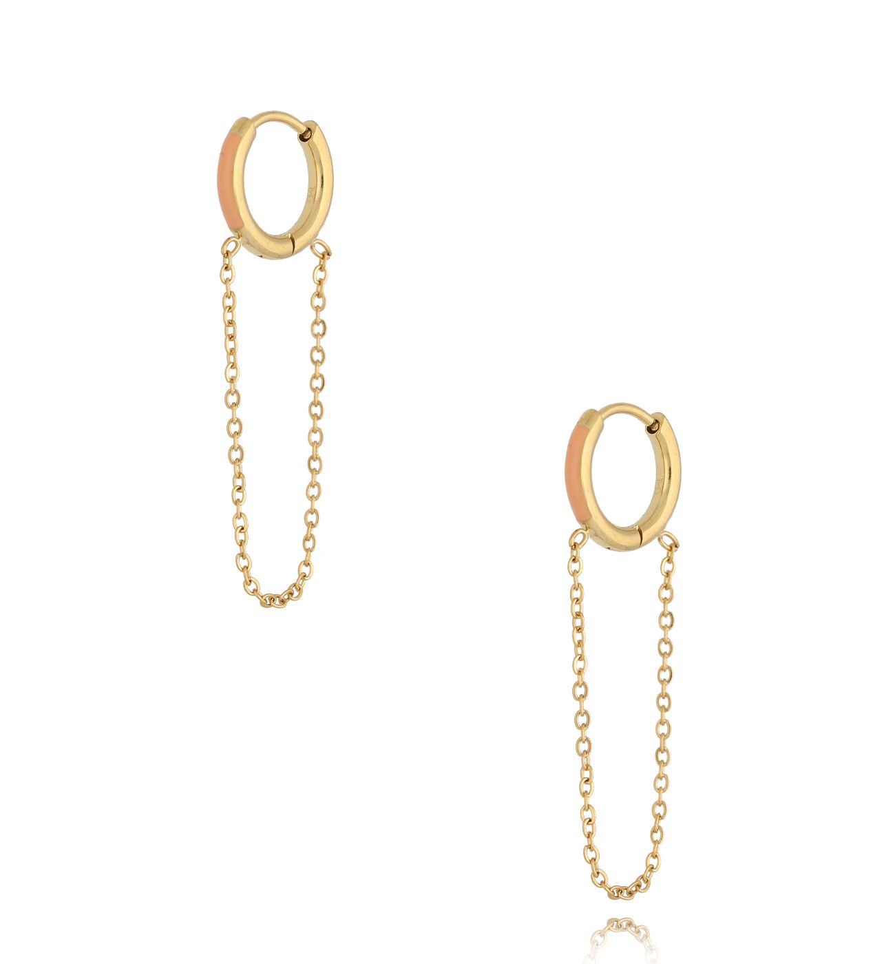 Kolczyki koła z brzoskwiniową emalią i łańcuszkiem Enamel Hoops - By Dziubeka