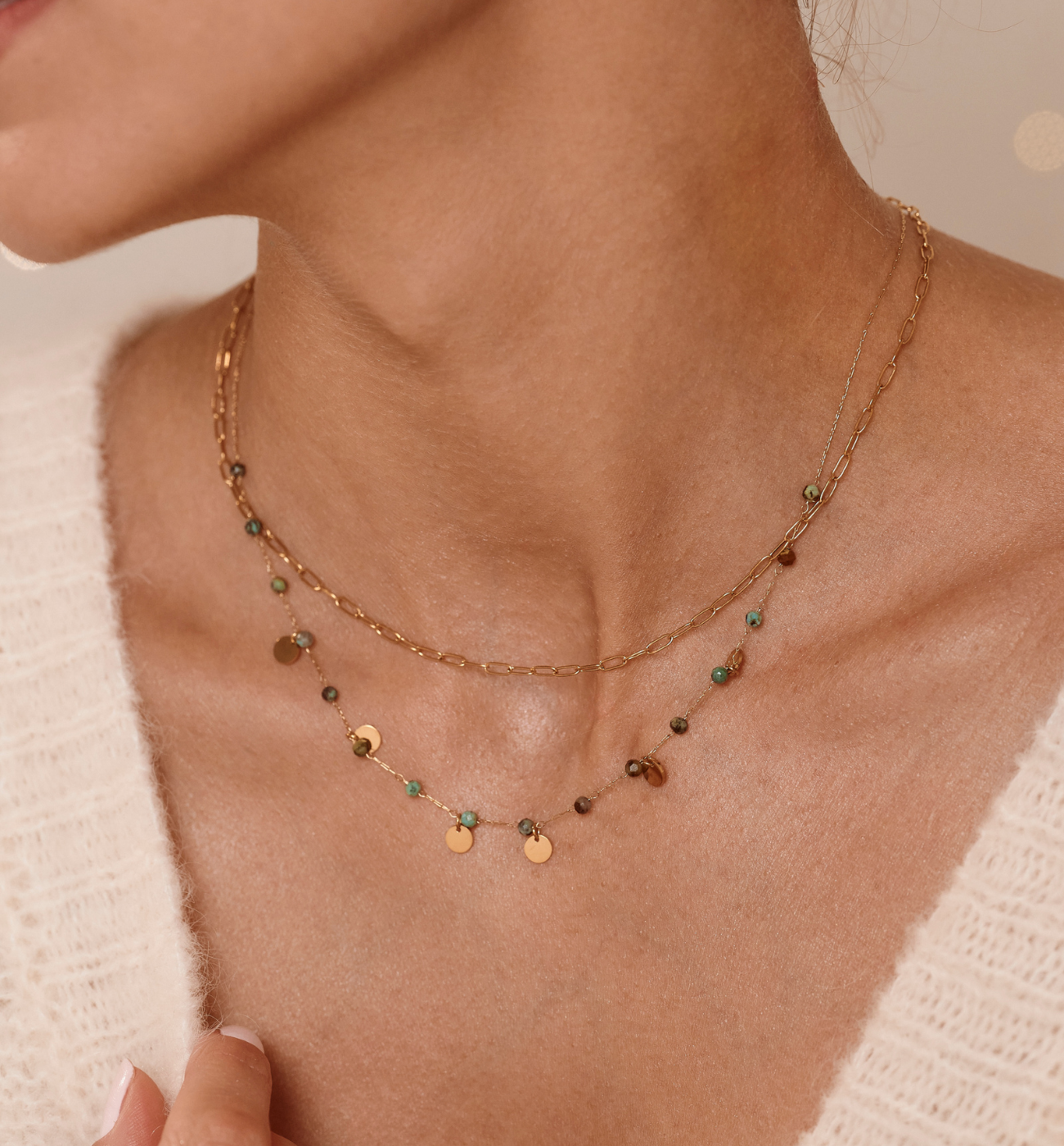 Naszyjnik warstwowy ze złoceniem i jadeitami afrykańskimi NEA0099 - By Dziubeka