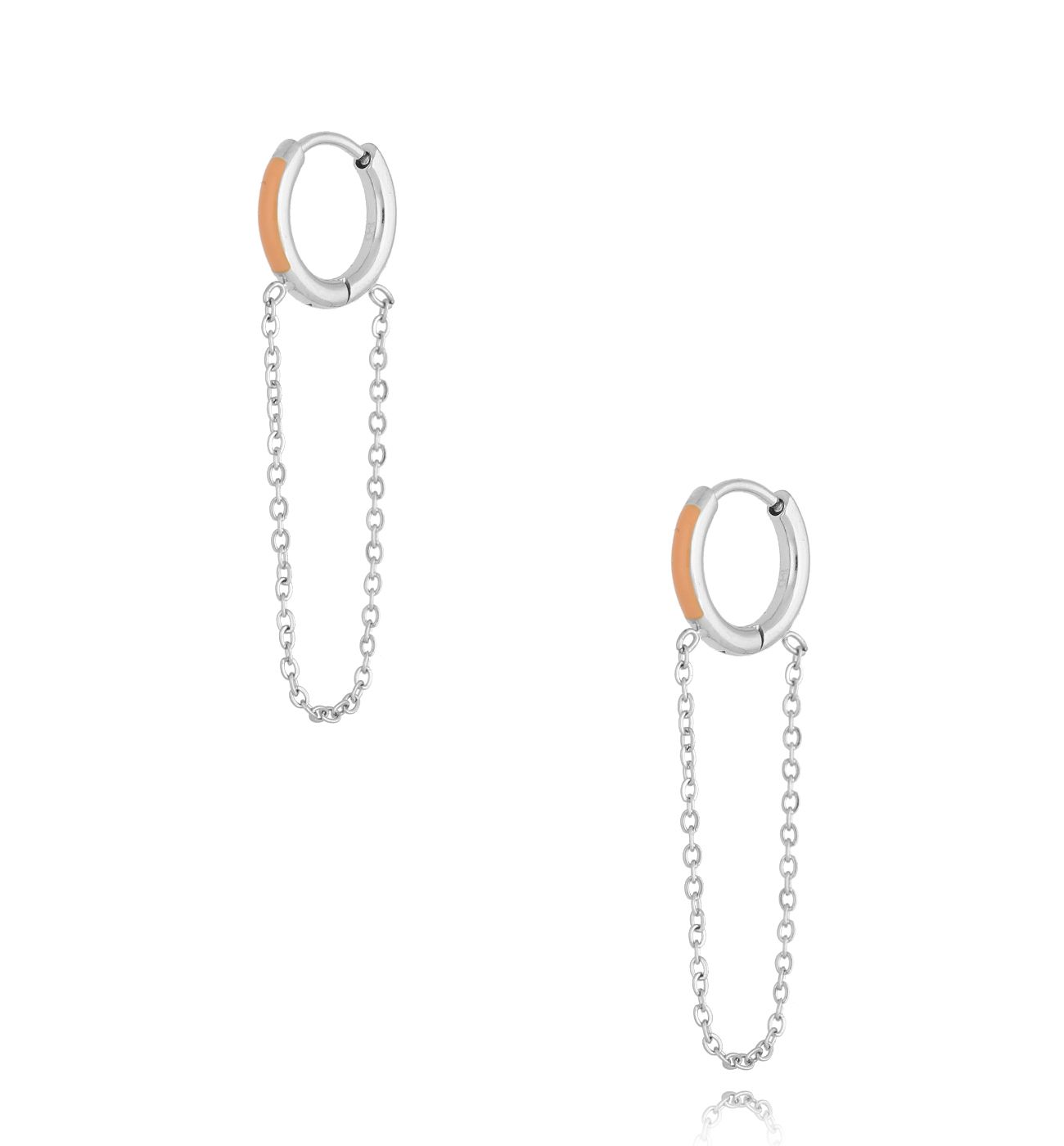 Kolczyki koła z brzoskwiniową emalią i łańcuszkiem Enamel Hoops - By Dziubeka