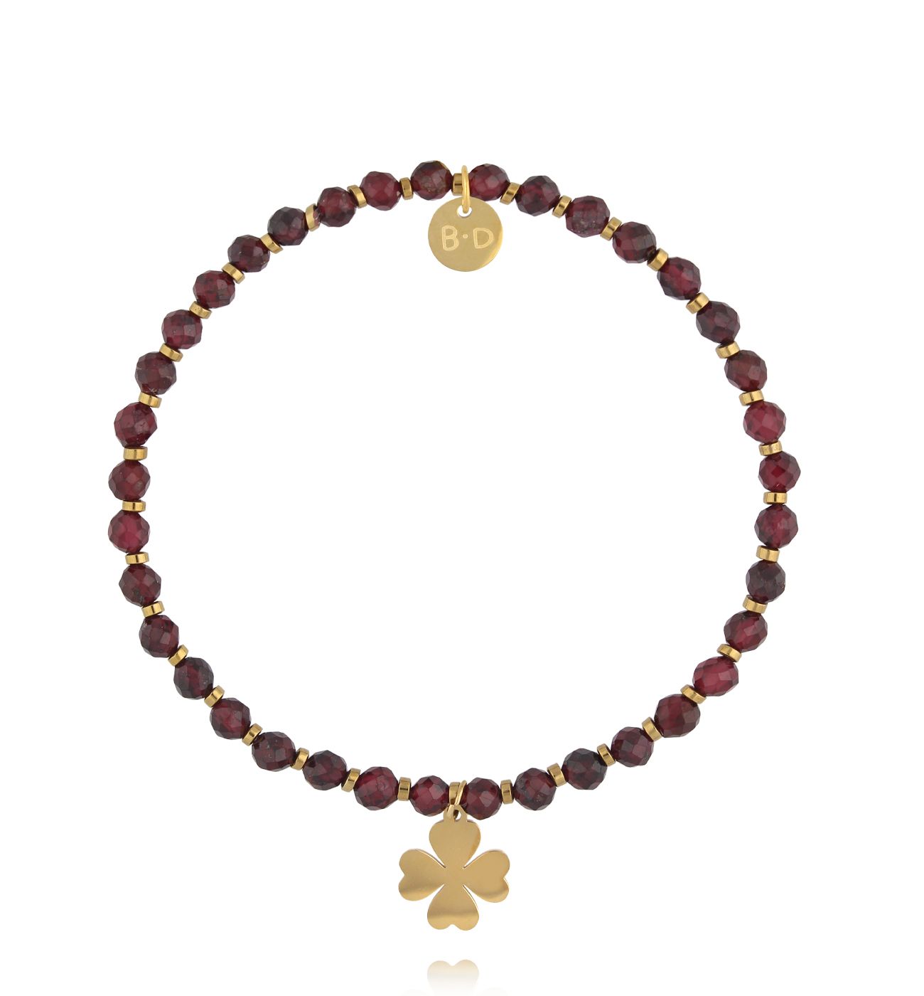 Bransoletka z naturalnego granatu i złoconą koniczynką - By Dziubeka