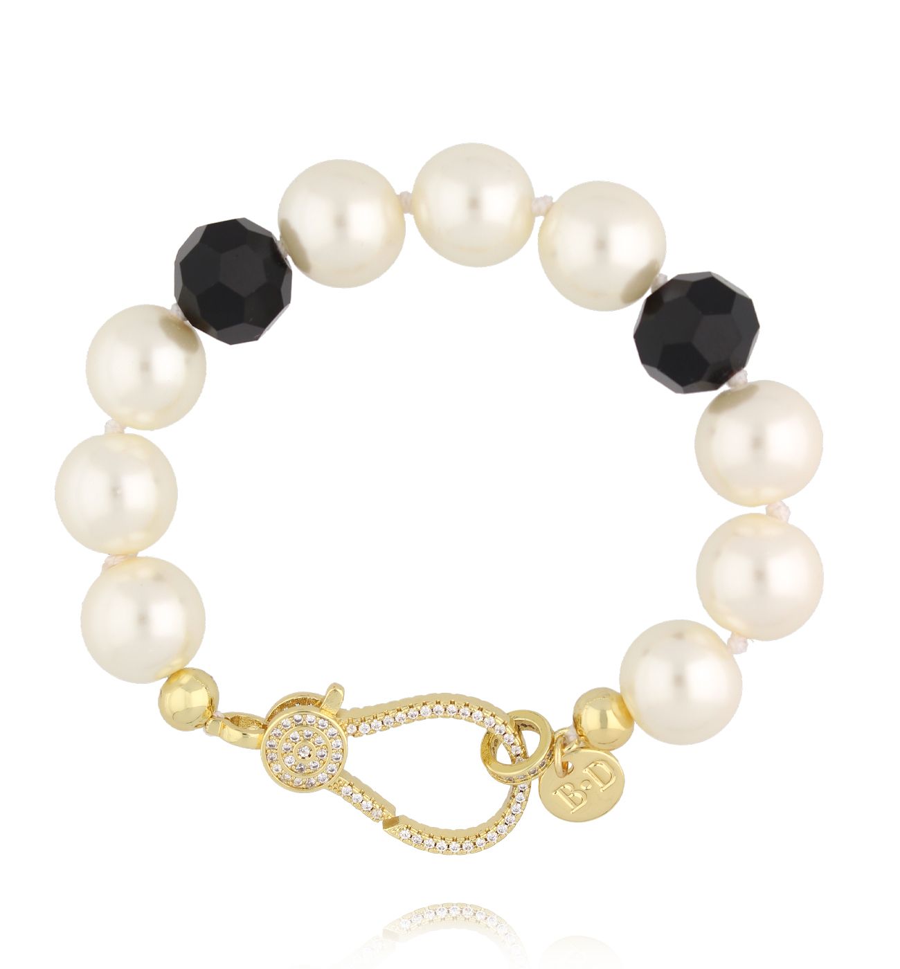 Bransoletka z pereł i czarnych kryształów z karabińczykiem wysadzanym cyrkoniami BPE0161 - By Dziubeka