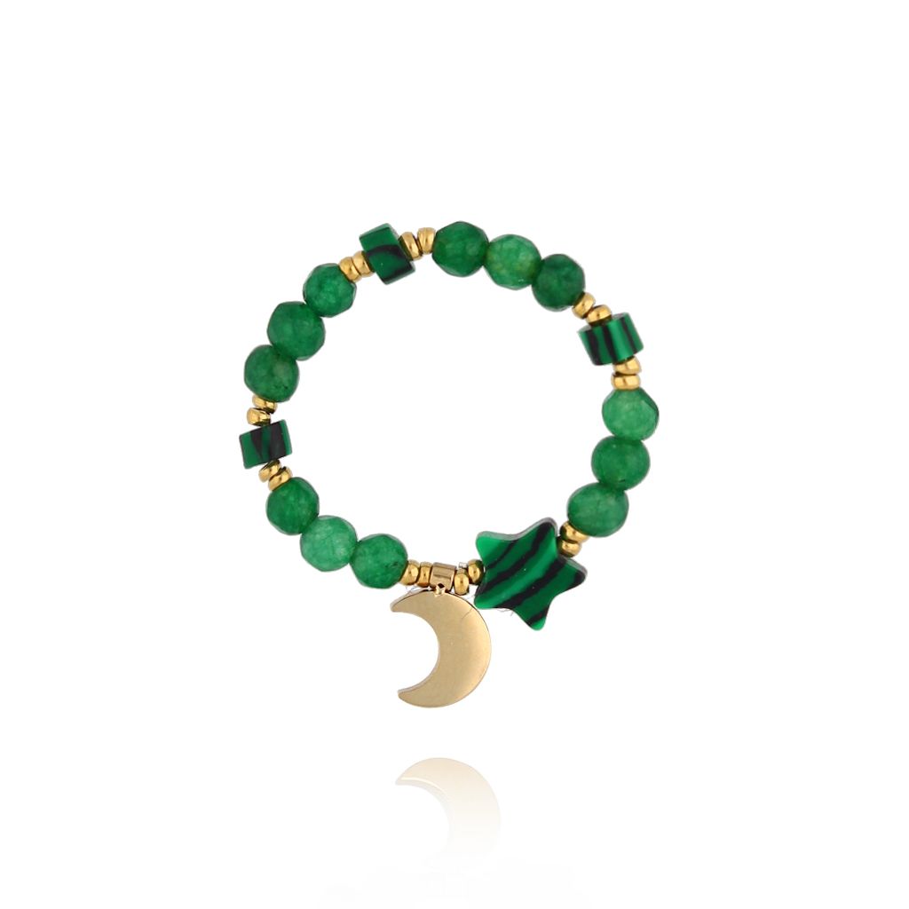 Pierścionek elastyczny zielony z księżycem PSC0753 - By Dziubeka