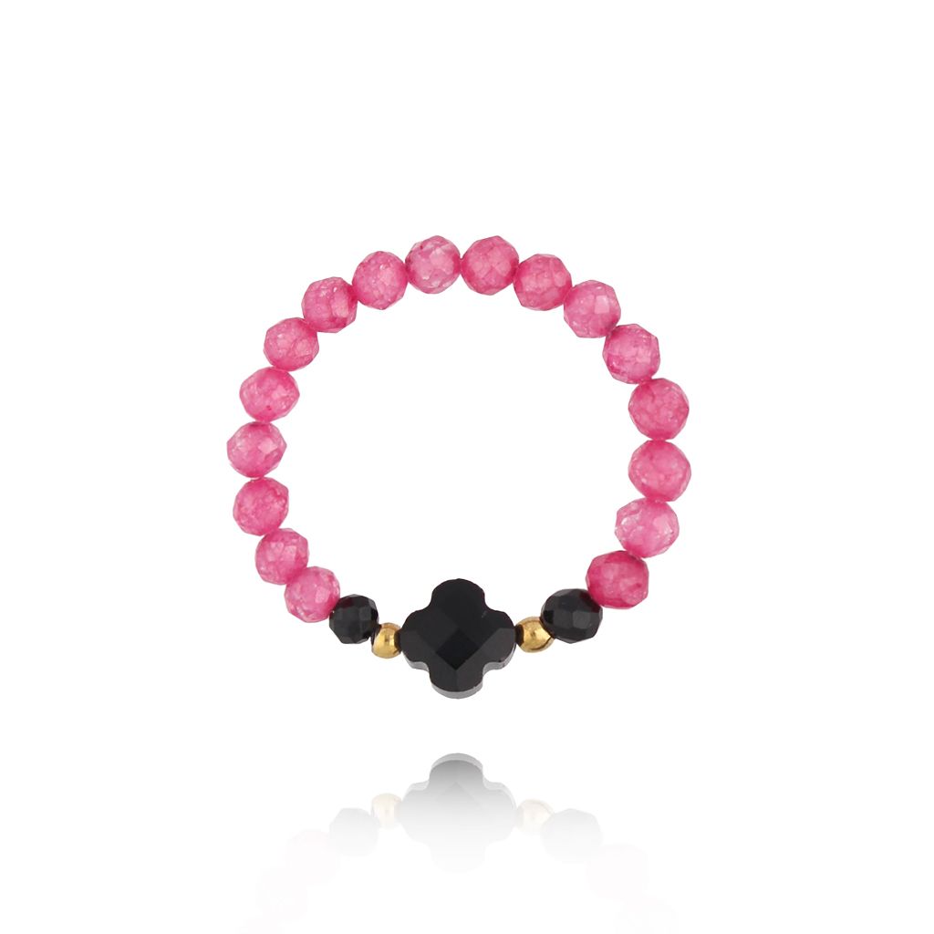 Pierścionek fuksjowy z czarną koniczynką - By Dziubeka