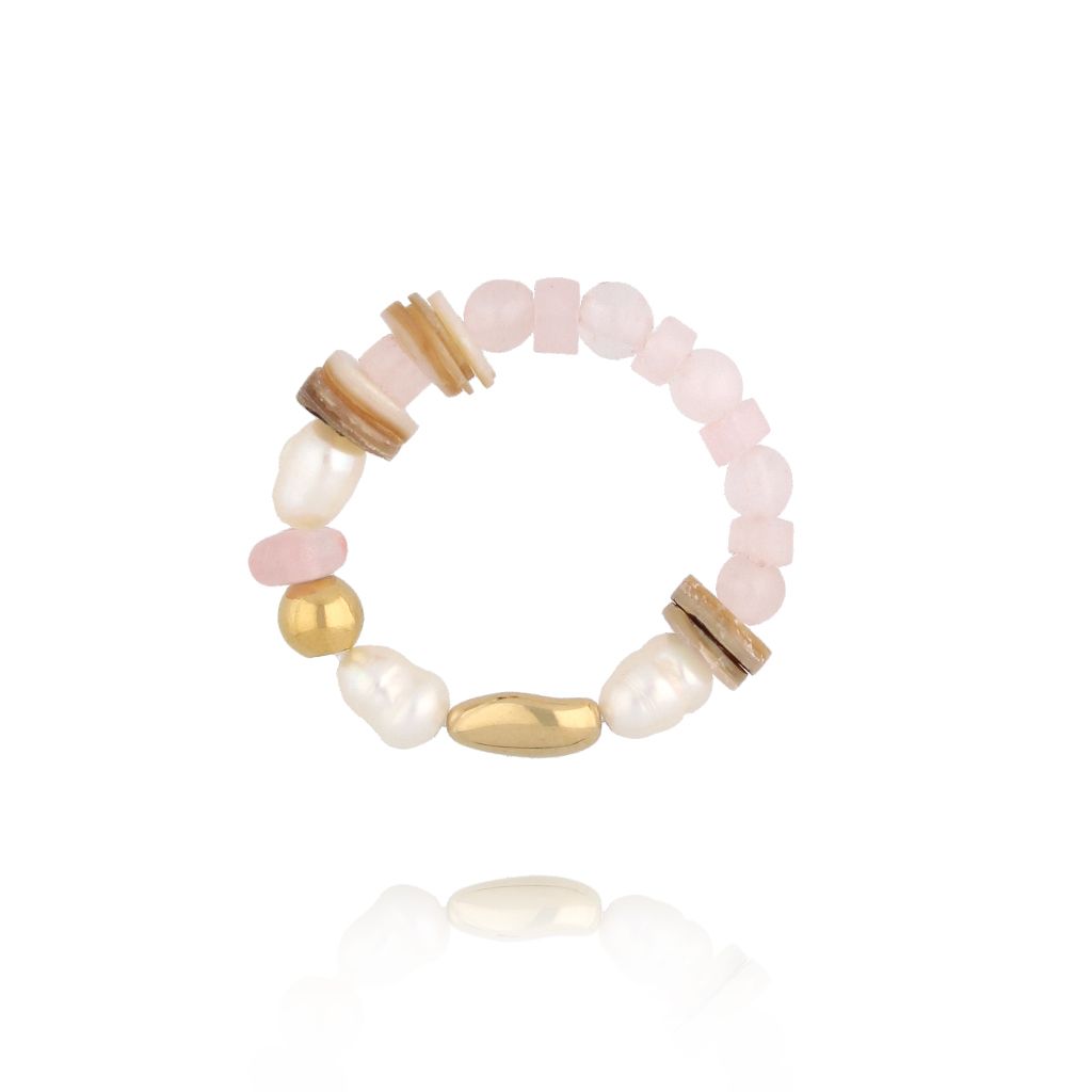Pierścionek z różowym kwarcem i perłami PSC0772 - By Dziubeka