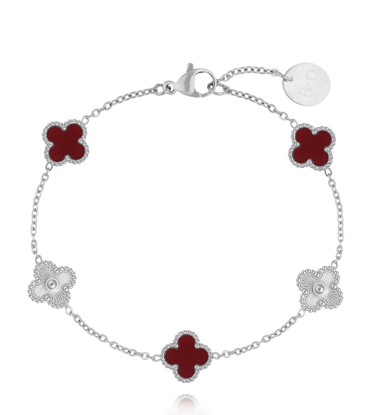 Bransoletka z bordowymi koniczynkami srebrna Clovers BSY0196 - By Dziubeka