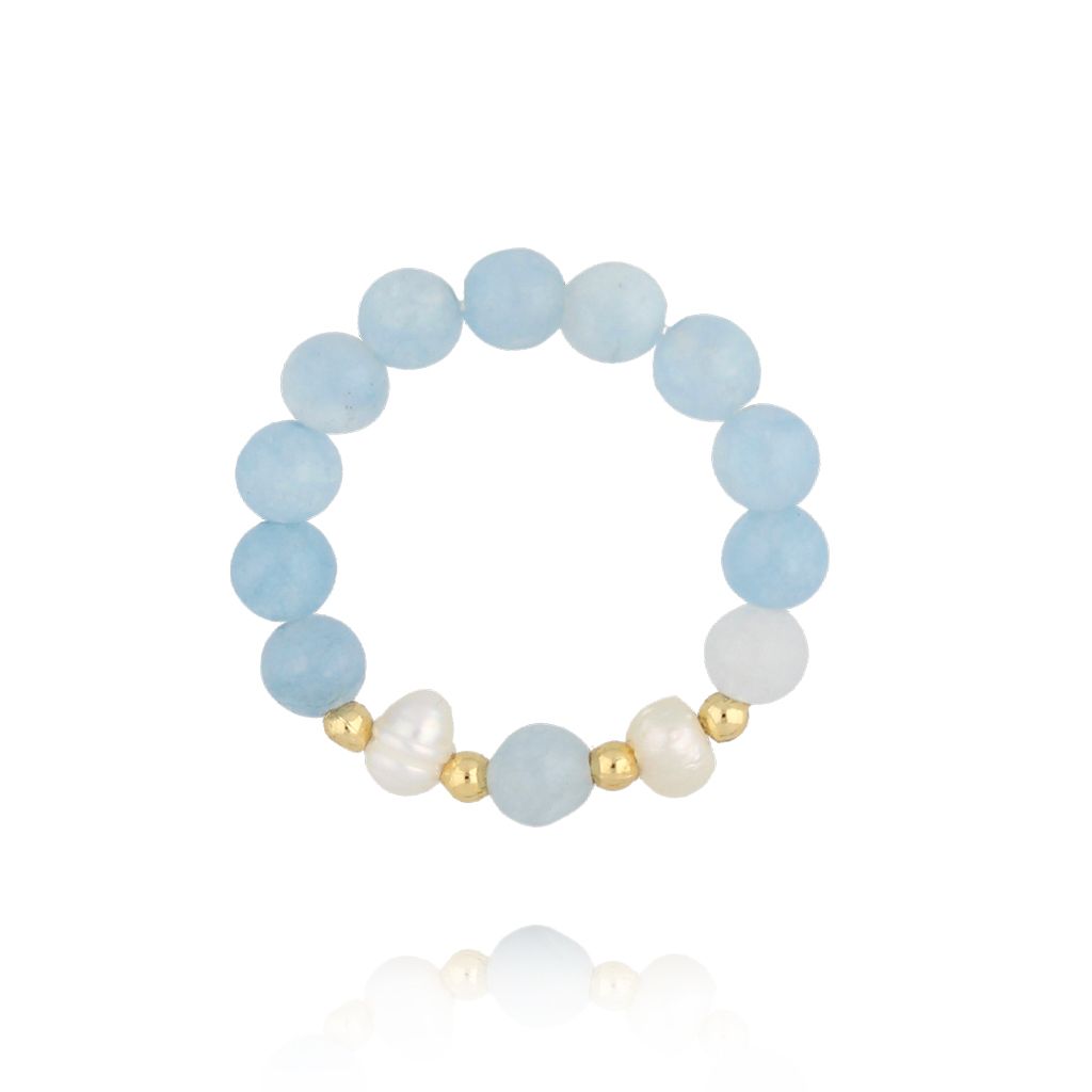 Pierścionek z niebieskich kamieni, pereł i złotych koralików PTW0487