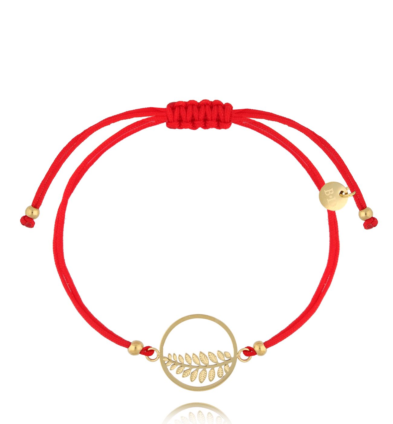 Bransoletka złota z czerwonym sznurkiemi i liściem paproci Botanique BGL0841