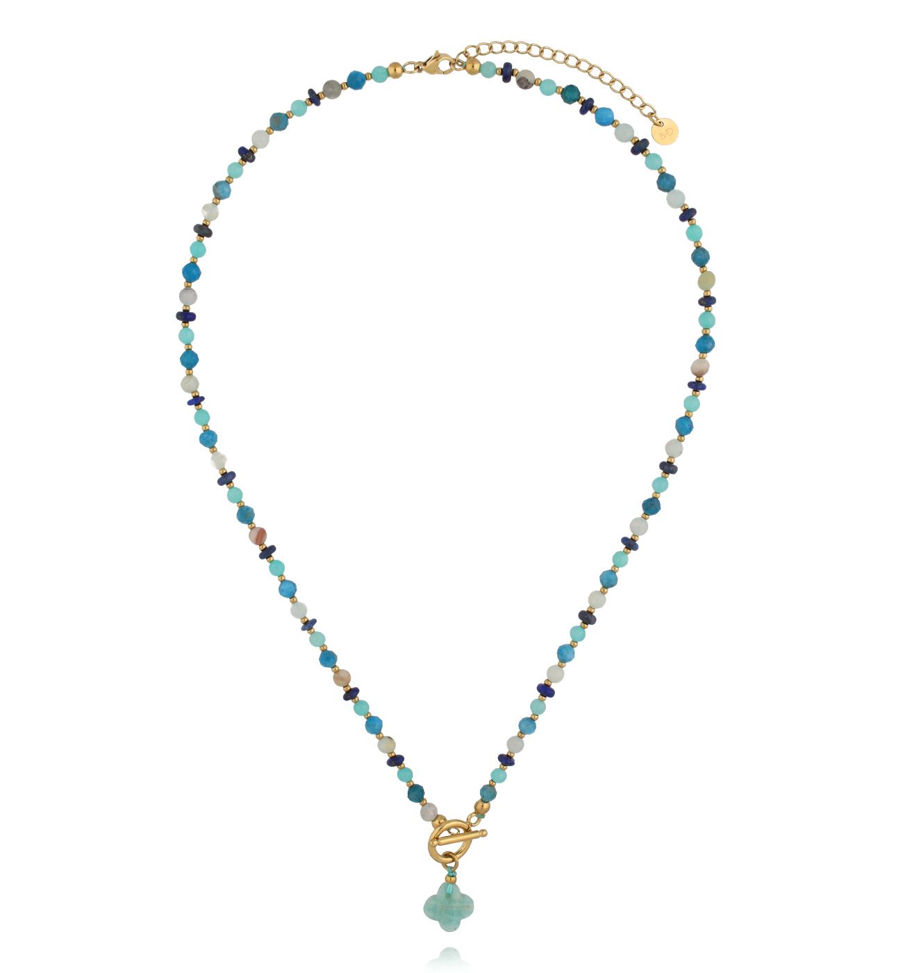 Naszyjnik z amazonitu, lapisu i apatytu z zawieszką koniczynki NSC0658