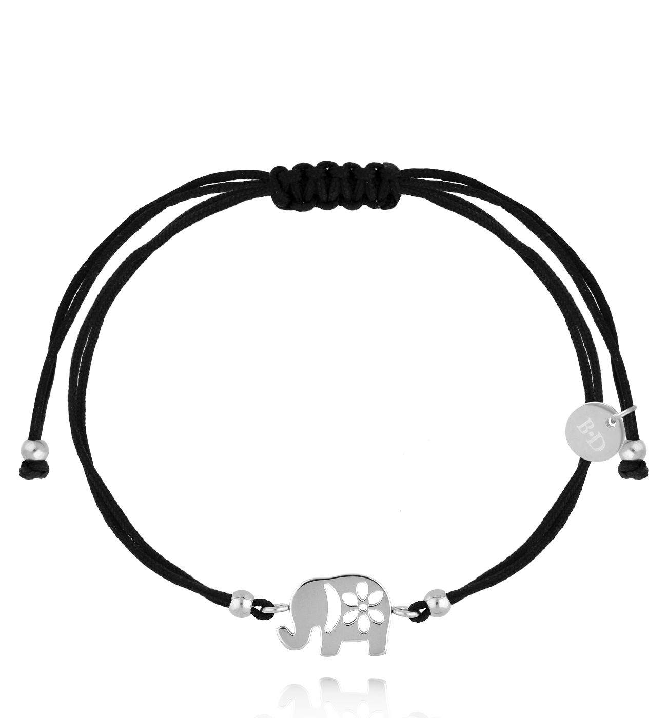 Bransoletka z czarnym sznurkiem i srebrnym słonikiem BGL1074 - By Dziubeka