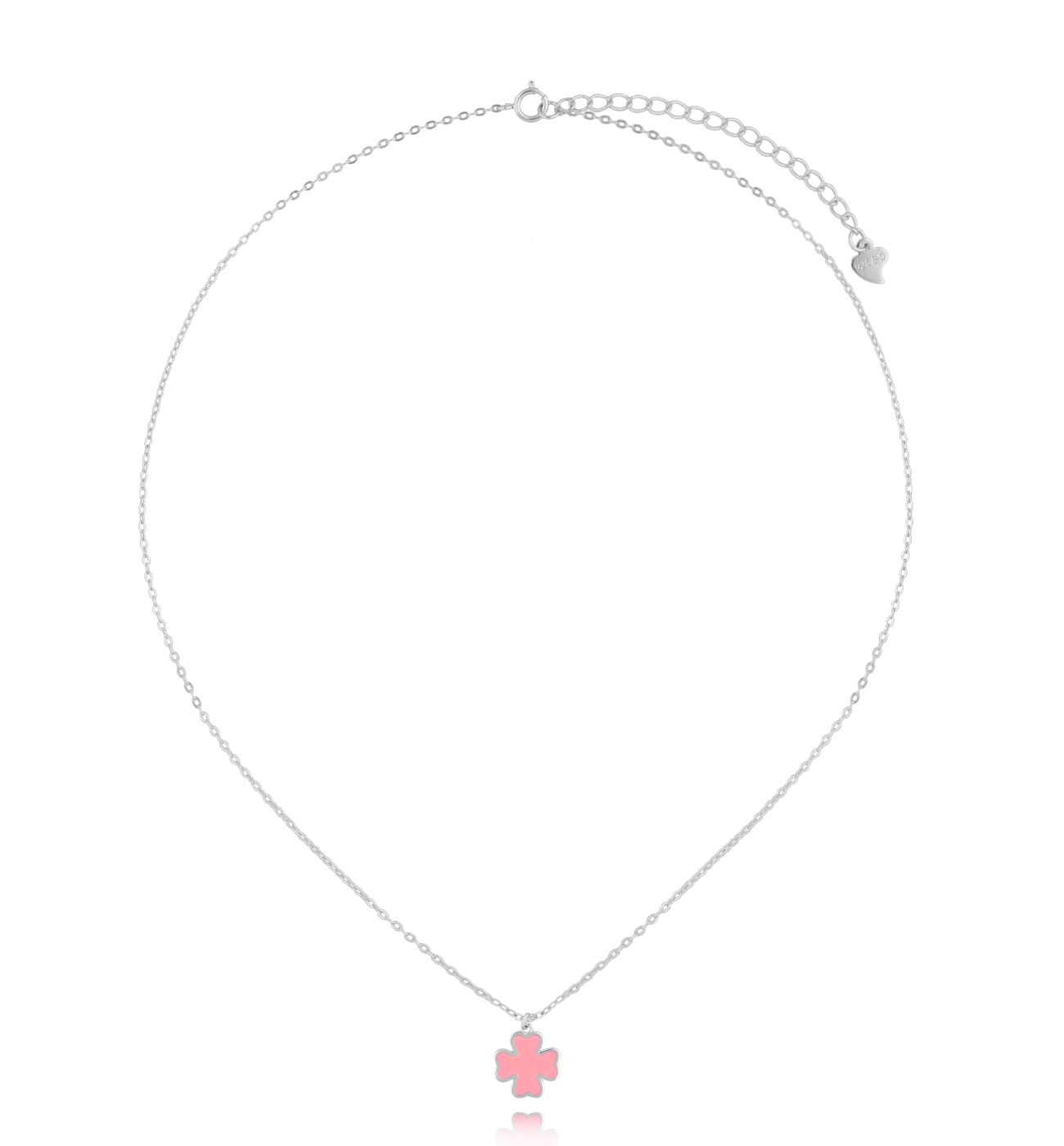 Naszyjnik srebrny z koniczynką i różową emalią NCA0019